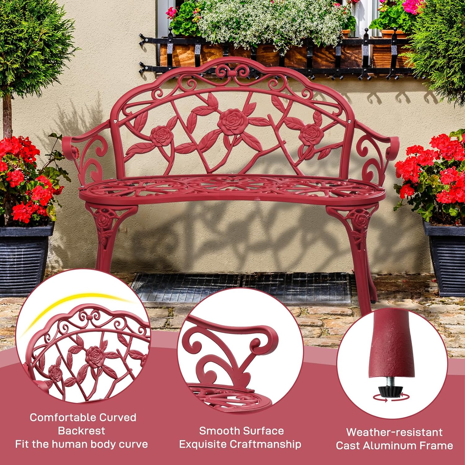 VINGLI 38.5" Patio Park Garden Outdoor Metal Rose Bench,Cast Aluminium Frame Antique Finish Chair,Accented Lawn Front Porch Path Yard Decor Deck Furniture for 2 Person Seat（Red