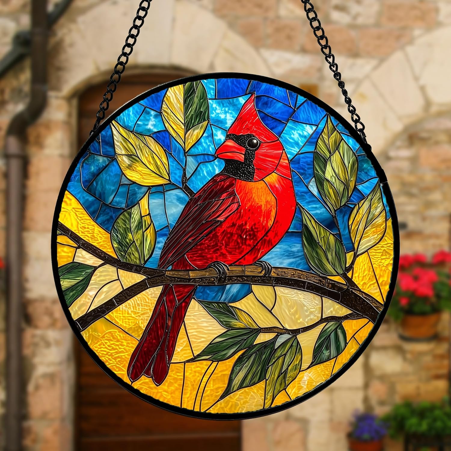 Stained Glass Window Hanging, Blue Sky Cardinal Sun Catchers Colorful Glass Panel Red Birds Suncatcher Decor for Birthday for Women, Men, Wife, Aunt, and Mom 6.3 in