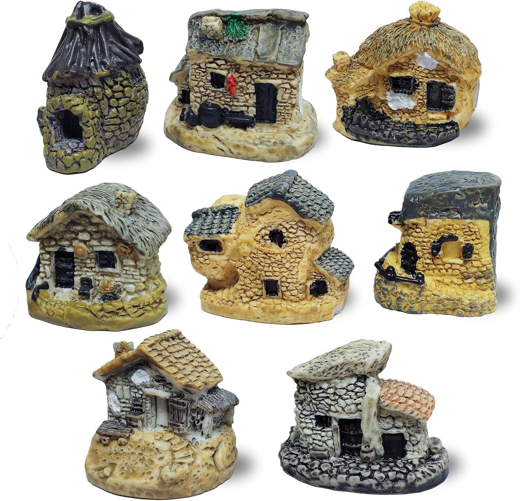 8PCS Miniature House Figurines Mini Resin House Micro Landscape Decoration Tiny Village Hut Cottage Fairy Garden Accessories Succulent Planting Flower Pot Terrarium Decor