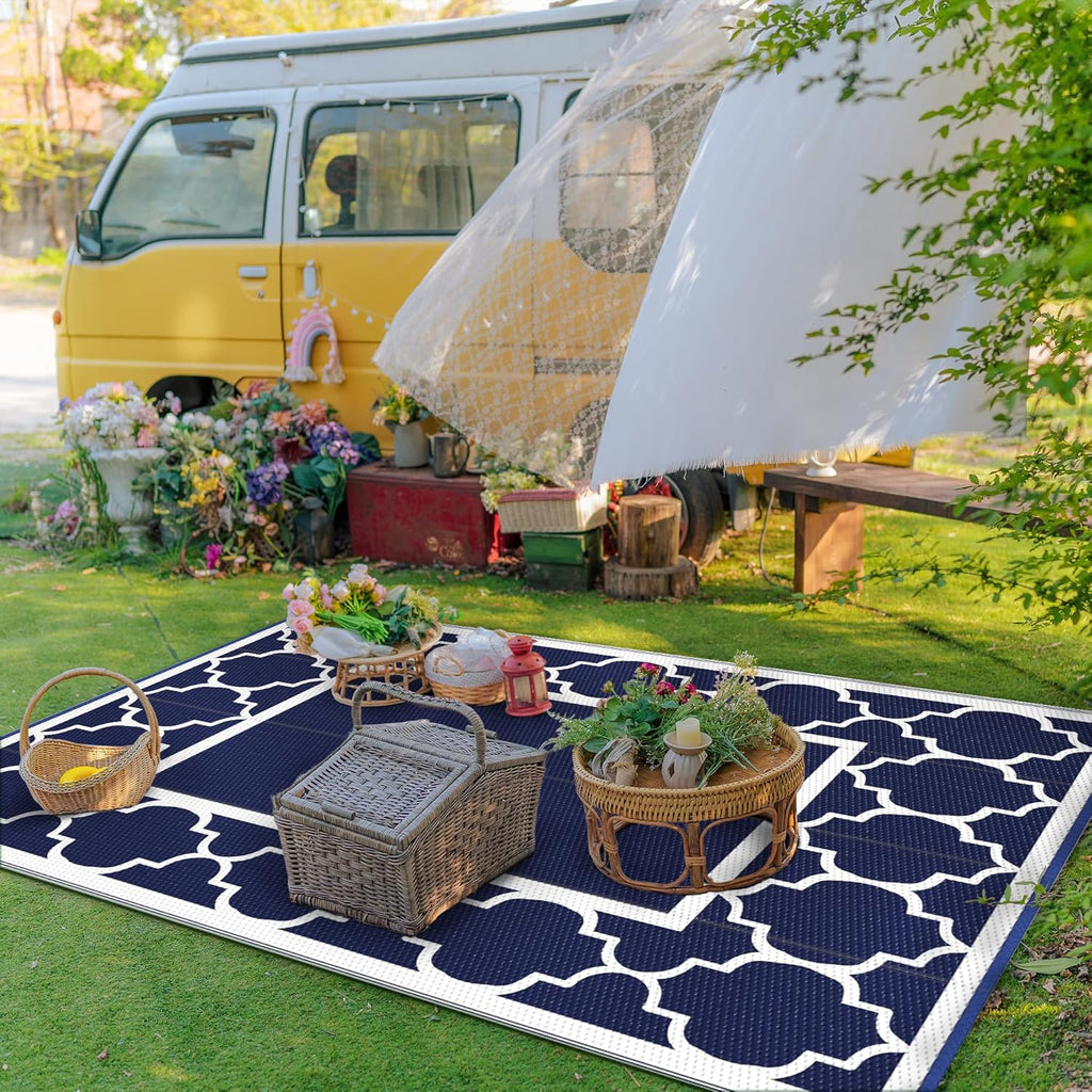 GENIMO 6' x 9' Outdoor Rug Waterproof for Patio Decor, Foldable Reversible Plastic Straw Area Rugs Mat for Camper, Outside Carpet for Rv, Deck, Porch, Picnic, Beach, Balcony, Blue & Grey