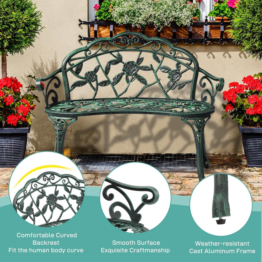 VINGLI 38.5" Patio Park Garden Outdoor Metal Rose Bench,Cast Iron Cast Aluminium Frame Antique Finish Chair,Accented Lawn Front Porch Path Yard Decor Deck Furniture for 2 Person Seat（Green&Black