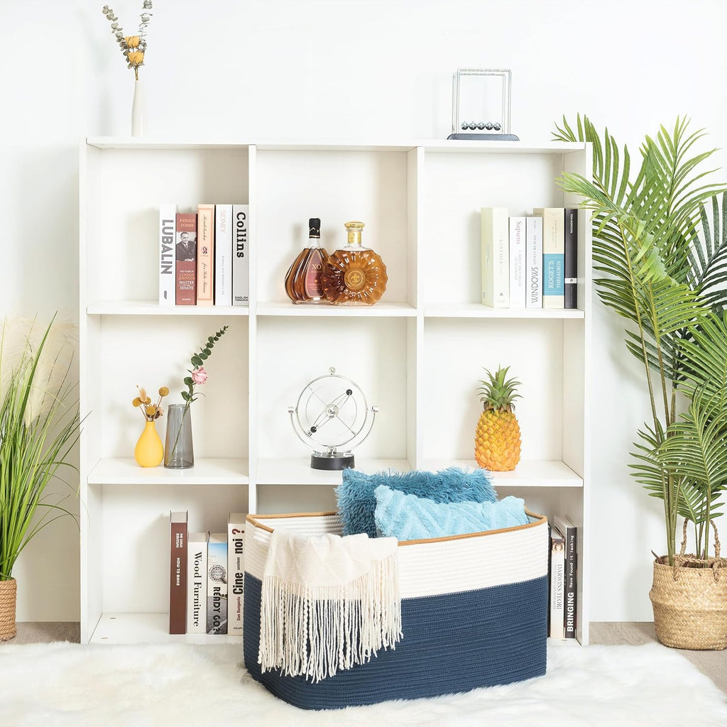 MINTWOOD Design 22in Extra Large Blanket Basket Holder Living Room, Rectangle Rope Woven Storage Basket with Handles for Laundry, Pool Towels, and Shoes, Dog Toy Organizer Bin Box, Prussian Blue