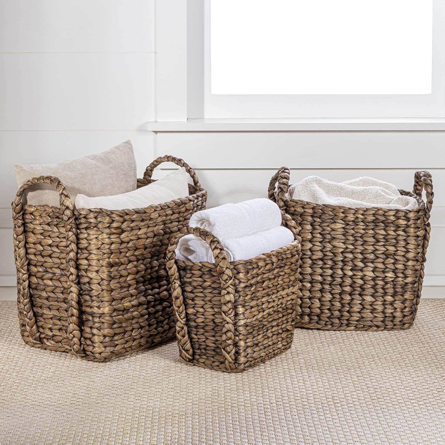 happimess BSK2001B-3SET Clara Farmhouse Classic Handwoven Hyacinth Rectangle Floor Wicker Storage Baskets with Handles, Brown (Set of 3), Seagrass Containers for Decoration in Living Room, Bedroom