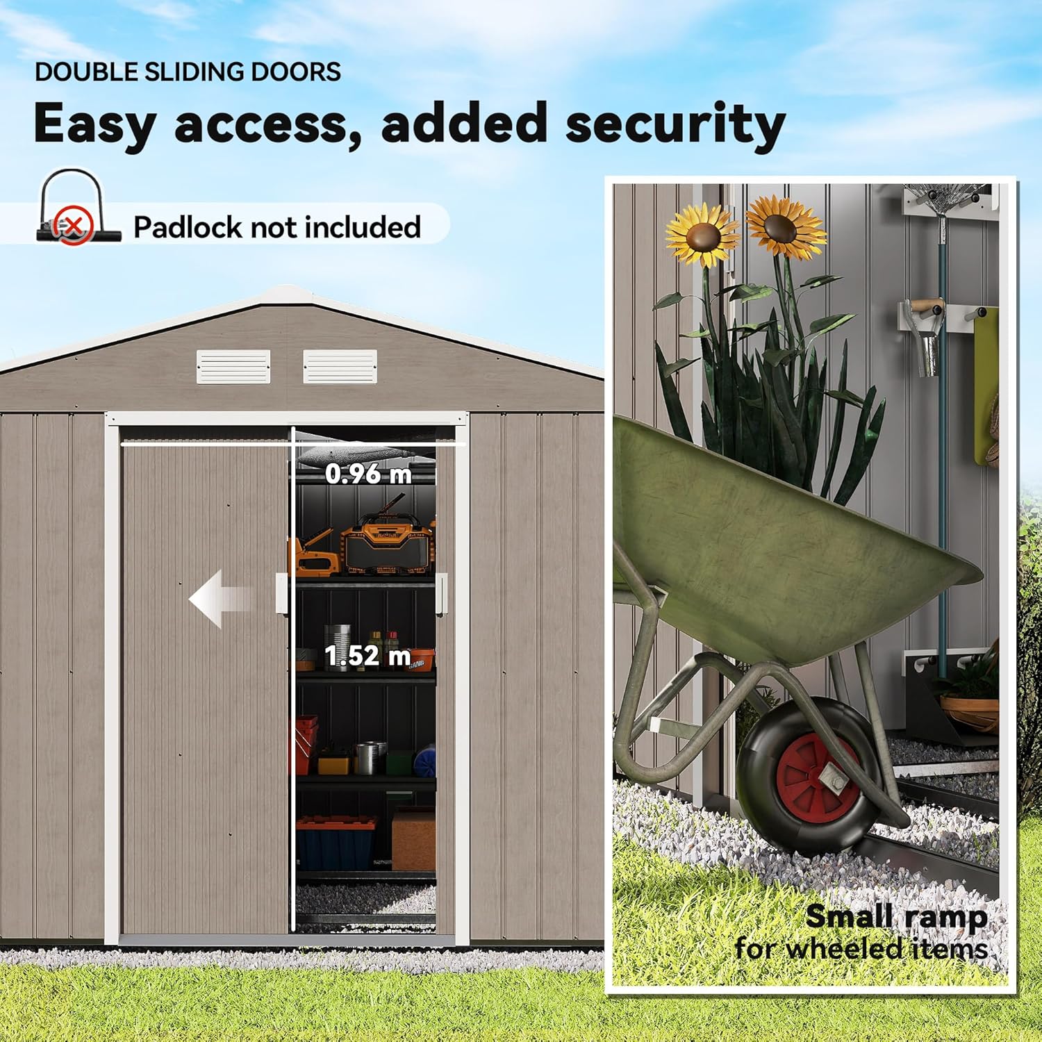 Outsunny 9' x 6' Outdoor Storage Shed, Garden Tool Metal Shed with Foundation Kit, Double Lockable Door, Air Vents and Sloping Roof, for Backyard, Patio, Lawn, Light Brown