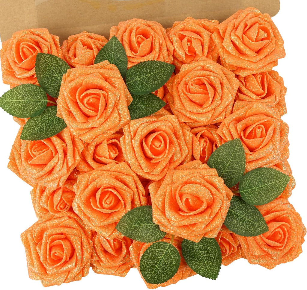 N&T NIETING Artificial Flowers Glowing Burnt Orange Flowers Foam 25pcs Glitter Roses Real Looking Fake Roses with Stem for DIY Wedding Bouquets Centerpieces Bridal Shower Party Home Decorations