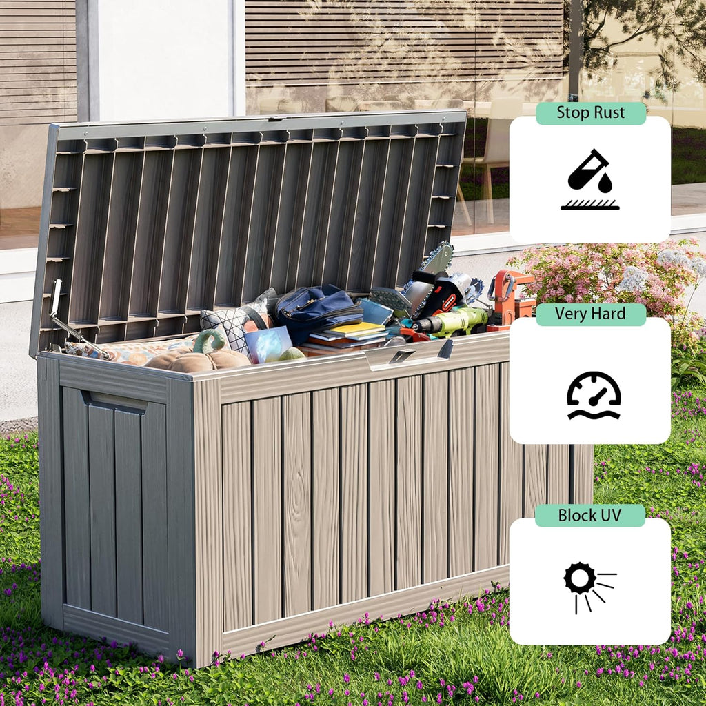 86 Gallon Outdoor Deck Box,Storage Lockable Waterproof Patio Furniture,Garden Tools,Cushions,Pool Accessories Outside Storage Resin Box(Grey)