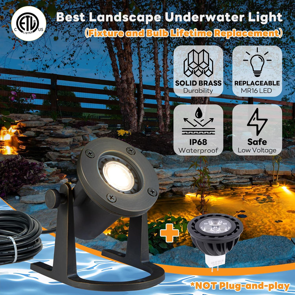 Bronze Pond Light - 12V Low Voltage Solid Brass Submersible Pondlight, IP68 Waterproof Fixture with 4000K MR16 LED Bulb for Outdoor Garden, Landscape, Waterfall, Fountain Lighting(8 Pack)