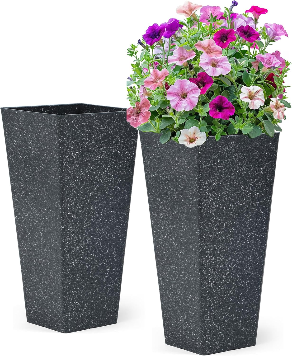 28" Tall V-Shaped Planters Set of 2, Oversized Plastic Flower Pots for Garden Patio Porch or Indoor Home Decor, Weather-Resistant Outdoor Planter Boxes, Hand-Painted Black Terrazzo-Look