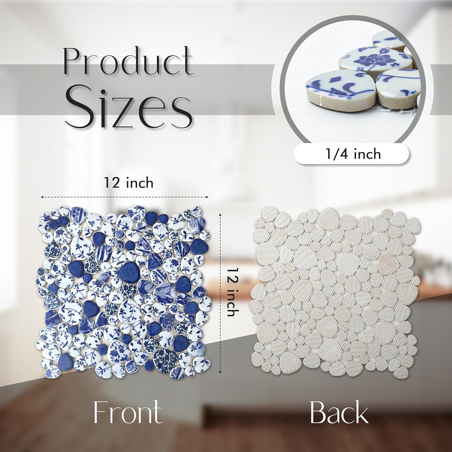 Blujellyfish Blue & White Pebble Tile Porcelain Mosaic Tiles for Art Deco (Pack of 5)