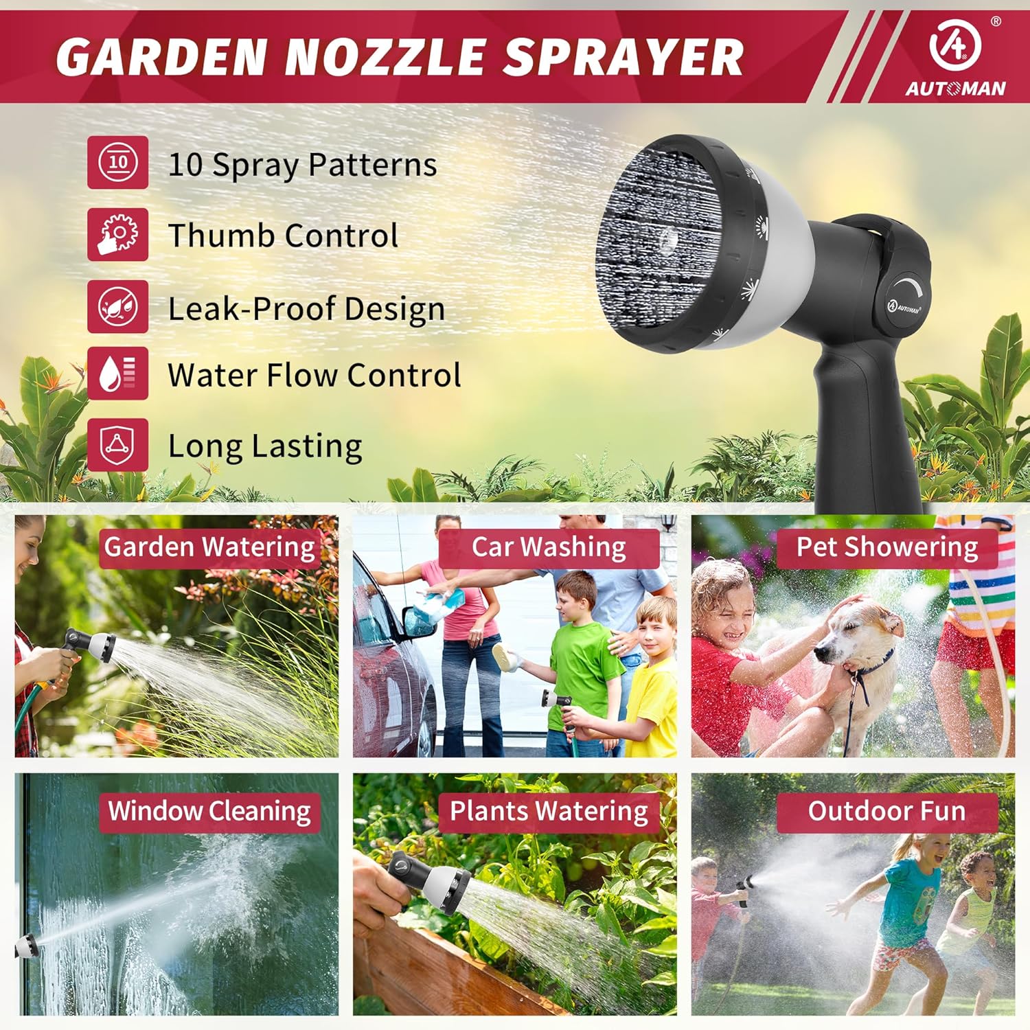AUTOMAN Garden Hose Nozzle - 10 Adjustable Spray Patterns, Thumb Flow Control Hose Sprayer, Water Hose Spray Nozzle for Plants Watering, Car Washing, Window Cleaning, Pets Bathing, Outdoor Fun, Black