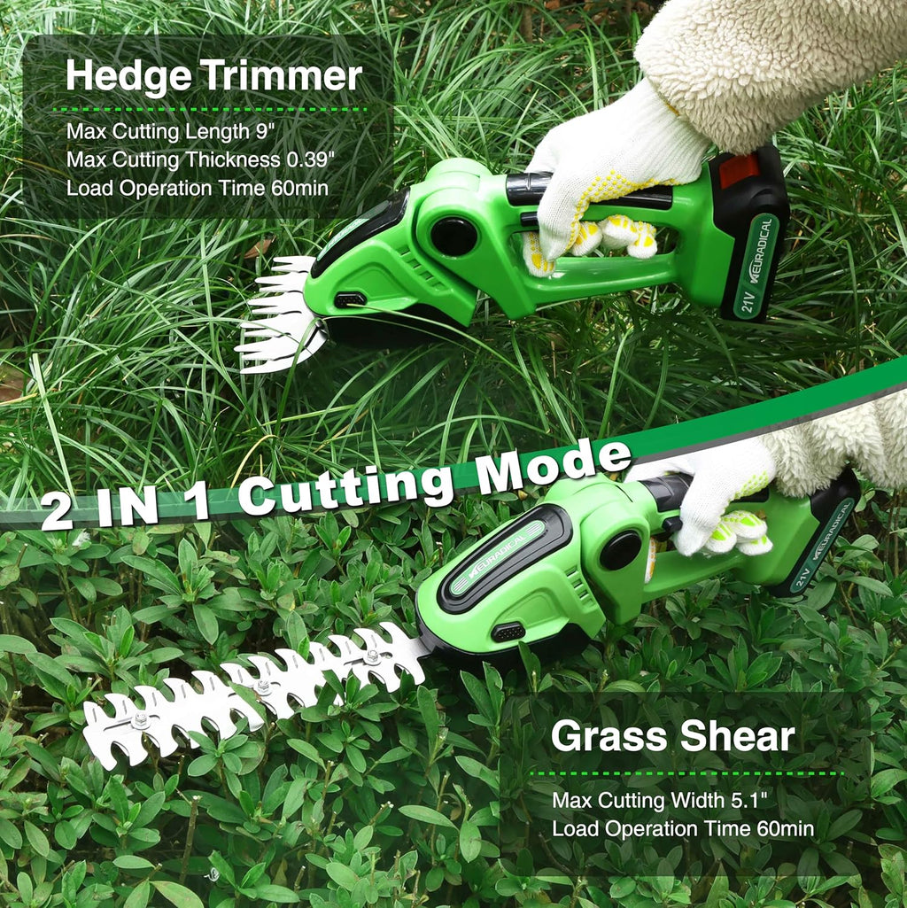 21V Electric Cordless Hedge Trimmers with 2 Rechargeable Battery - Electric Bush Trimmer Cordless Grass Shears Handheld Grass Cutter, Shrubbery Trimmer Hedge Shear for Garden and Lawn