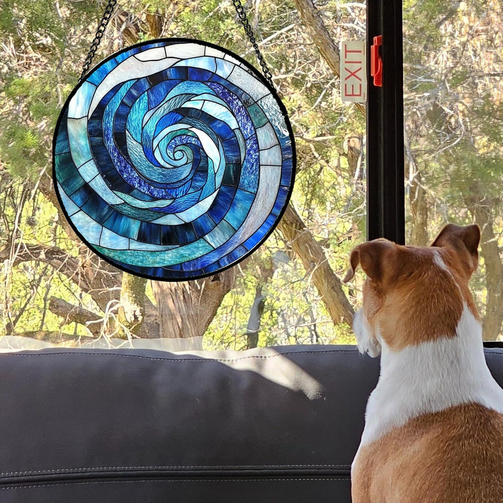 Stained Glass Window Hanging - Blue Abstract Swirl Suncatcher for Doors Garden Patio Unique Sun Catchers Decor Christmas Mother's Day Birthday Gifts for Women Men Mom Nana Friend 7.8 in