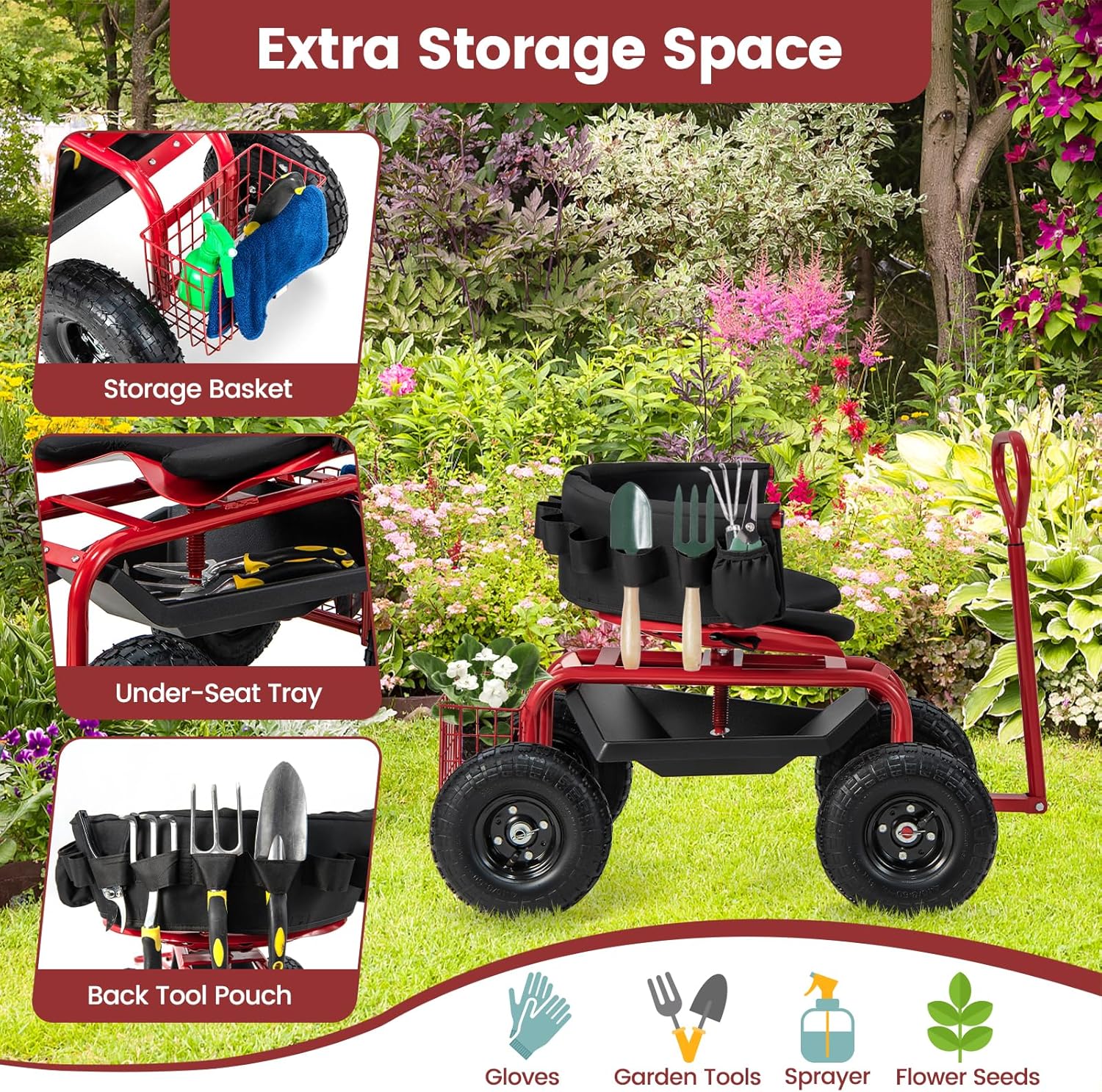 Goplus Garden Seat with Wheels, Rolling Gardening Stool with Adjustable 360° Swivel Seat, Tool Tray & Storage Basket, Extendable Handle, Outdoor Gardening Scooter, Garden Cart Workseat for Seniors