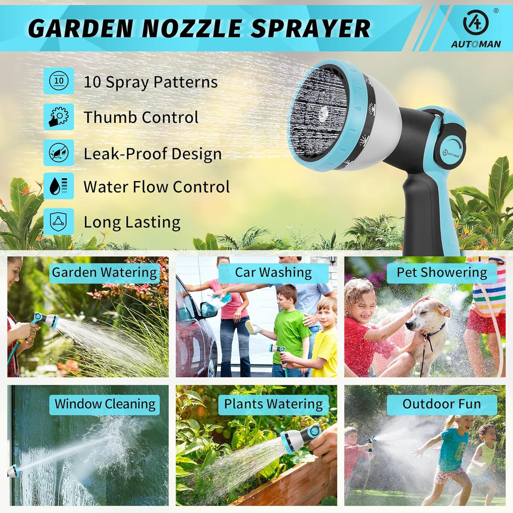 AUTOMAN Garden Hose Nozzle Sprayer - 10 Spray Patterns, High Pressure, Thumb Control On Off Valve, Metal Duty Water Nozzle, Extra 3 Washers, for Watering Garden, Cleaning, Washing Car, Showering Pets