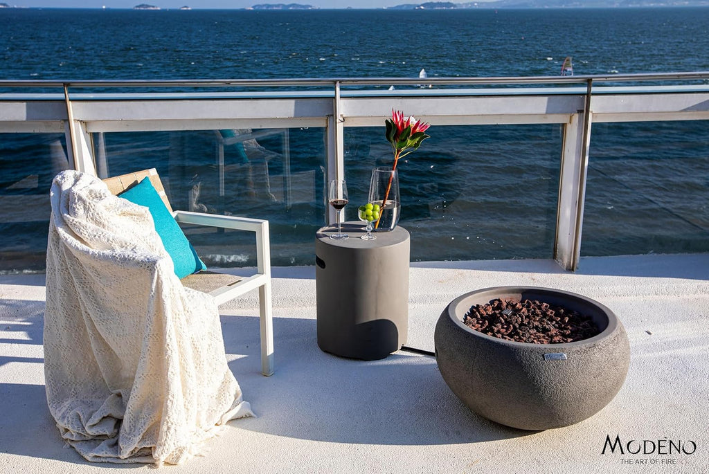 AMS Fireplace | Modeno Newbridge Package | Light Gray Natural Gas Fire Pit Table for Outside Patio Bundle with SS Burner Lid | Free Ice Bucket