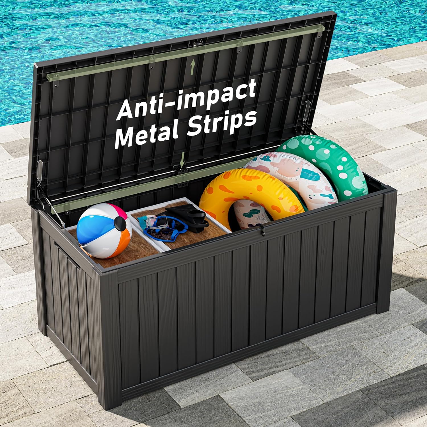 NUNU LAB Outdoor Storage Box,120 Gallon Deck Box,Resin Waterproof Outside Storage Bench,Outdoor Storage Cabinet With Lockable Lid,Backyard Deck Box For Garden Tools,Patio Cushions,Pool Accessories