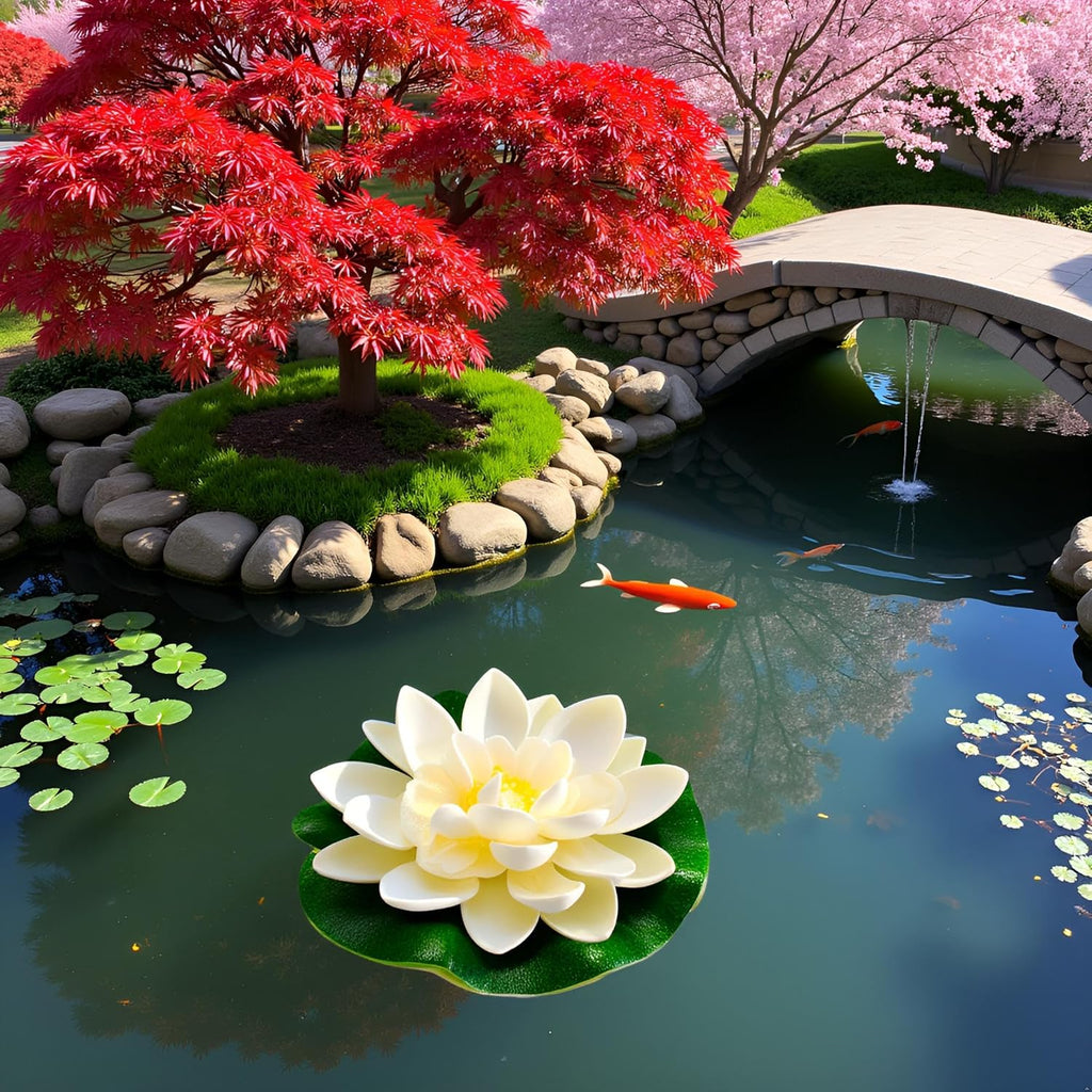 2Pcs White Artificial Floating Foam Lotus Flowers with Water Lily Pad Ornaments,Perfect for Patio Koi Pond Pool Aquarium Home Garden Wedding Party Holiday Decoration Water Gardens and Ponds