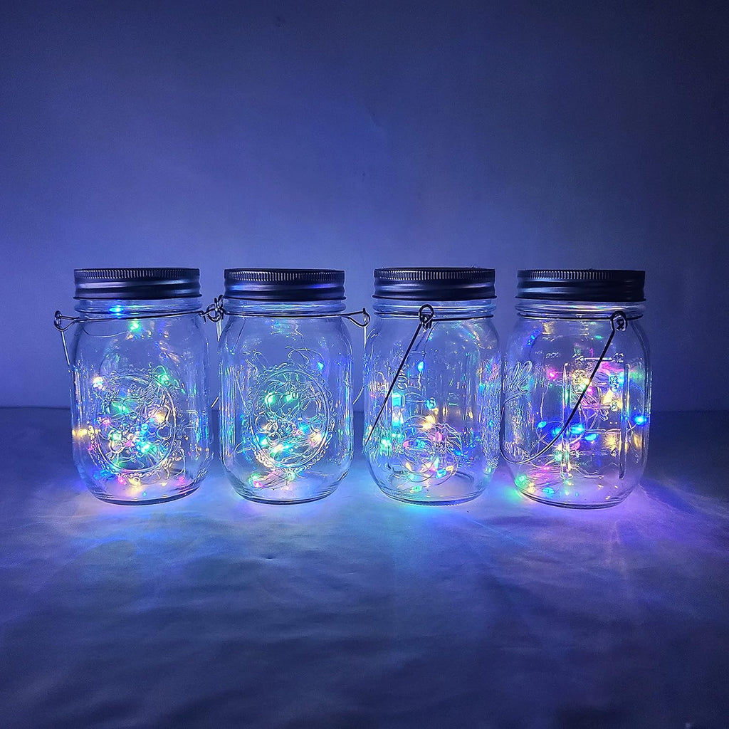 Decorman Solar Mason Jar Lights, 4 Pack 30 LED Fairy Star Firefly String Lids Lights with 4 Hangers for Patio Yard Garden Party Wedding Christmas Decoration(Jars Not Included) (4 Pack, Colorful)