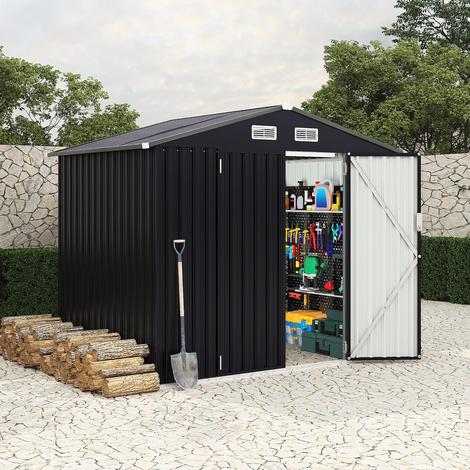 6x8 FT Metal Storage Sheds Outdoor with Floor, Metal Yard Sheds Garden Shed Kit, MetalTool Shed with Lockable Door, Metals UtilitySheds Buildings with Air Vent for Backyard Garden Patio Lawn