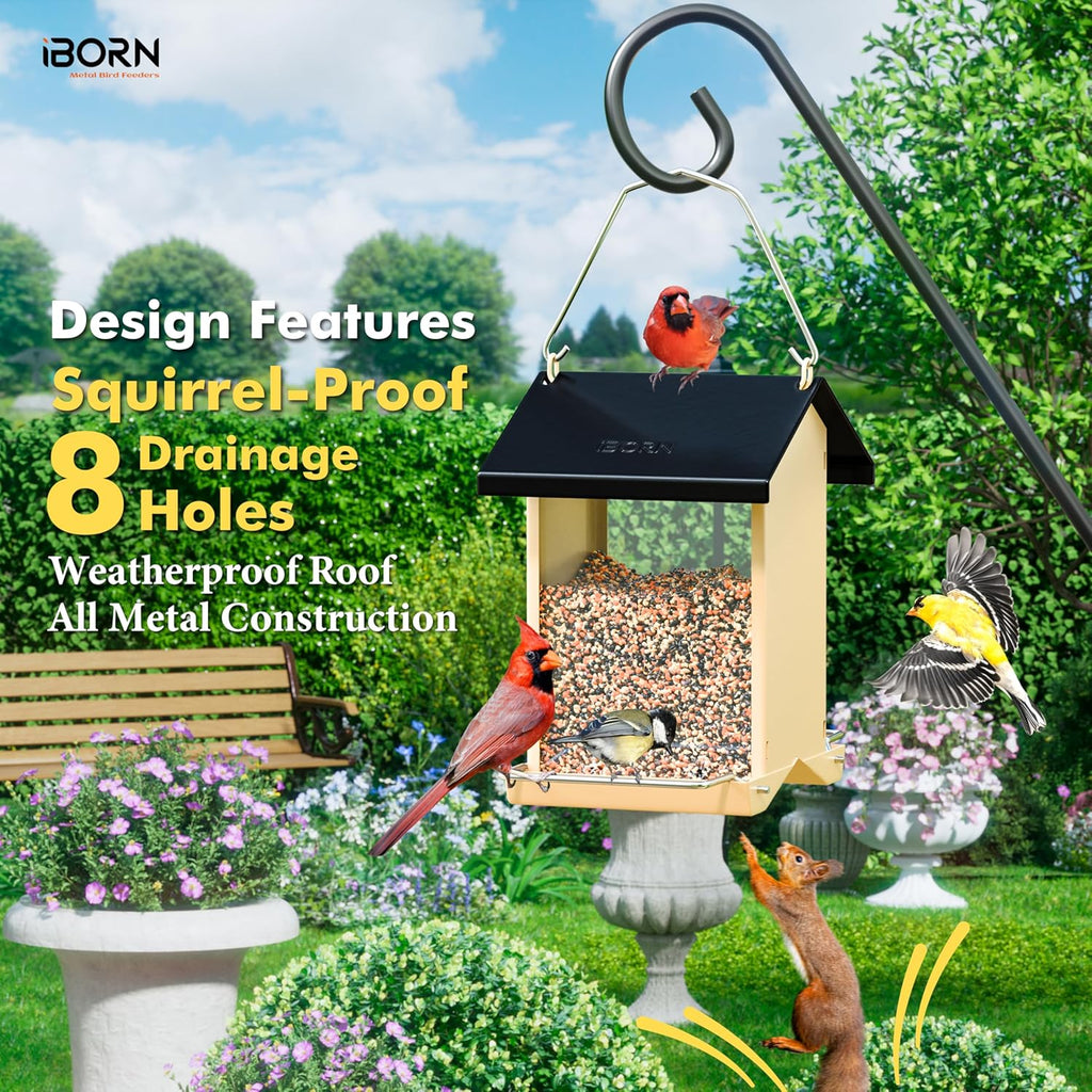 iBorn Bird Feeders for Outdoors,Bird House Feeder with Weatherproof Metal Roof & 8 Drain Holes,Fully Detachable Birdfeeder Design,Easy Clean & Refill,Chew-Proof PC Windows,1.5 Lbs Capacity,Black Roof