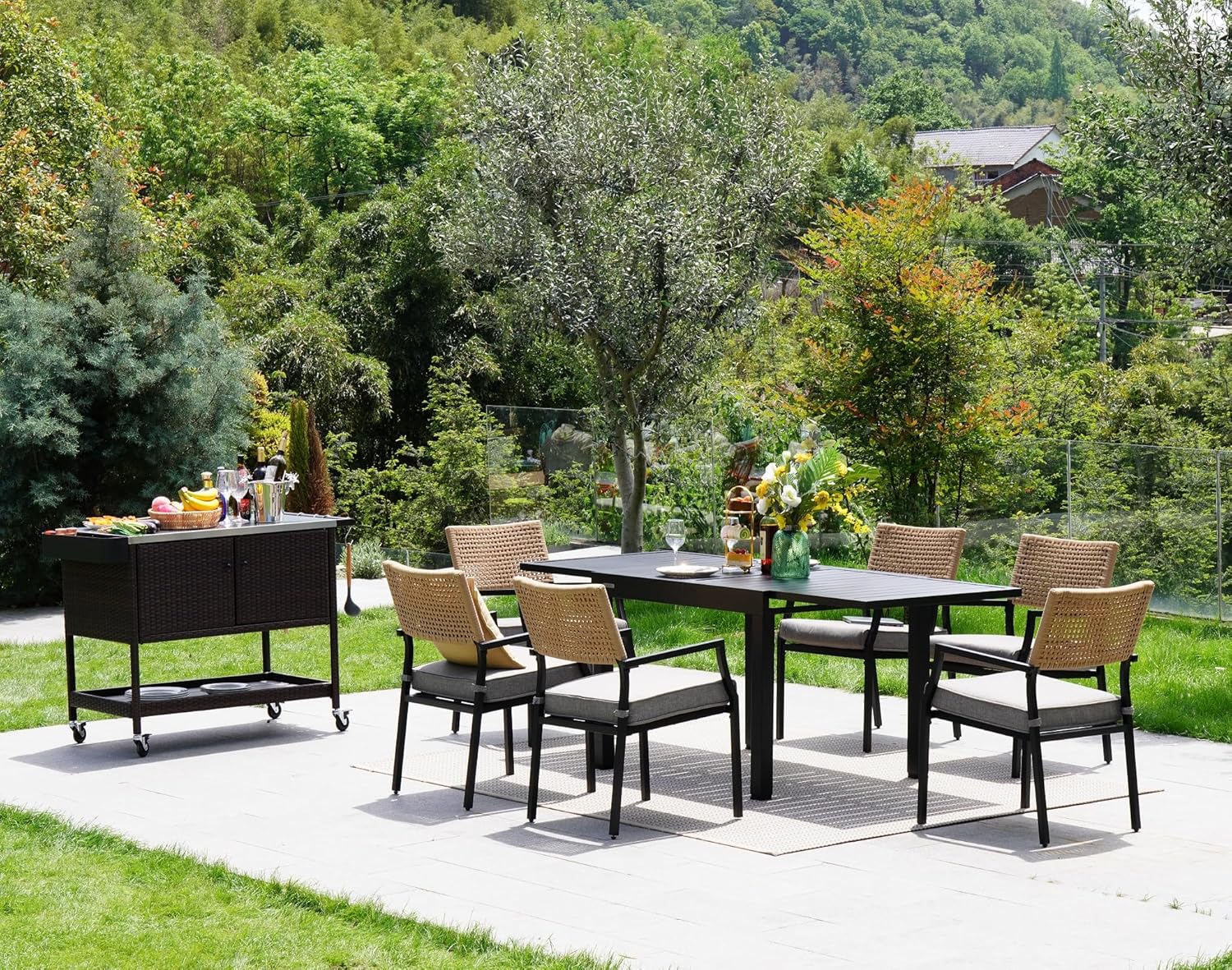 Grand patio Outdoor Wicker Bar Cart, Outdoor Bar Table with Stainless Steel Tabletop, Patio Kitchen Island Grill Cart with Storage Cabinet and 4 Hooks