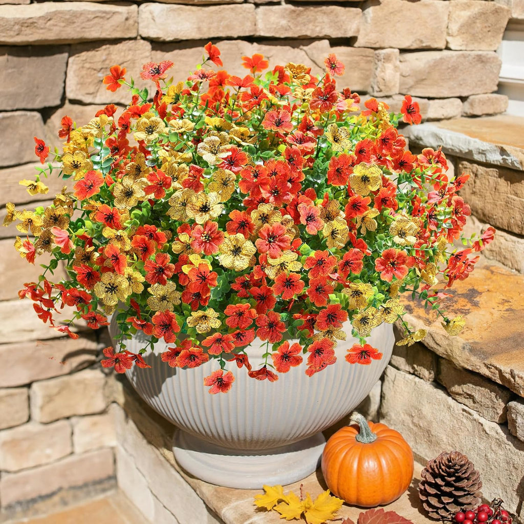 Artificial Fall Flowers Faux Mums for Outdoor Indoor Garden Home Decoration, Faux Flower Daisy with Eucalyptus Leaves Fake Mums Plants Greenery Boxwood Porch Patio, 12 Bundles (OrangeYellow)