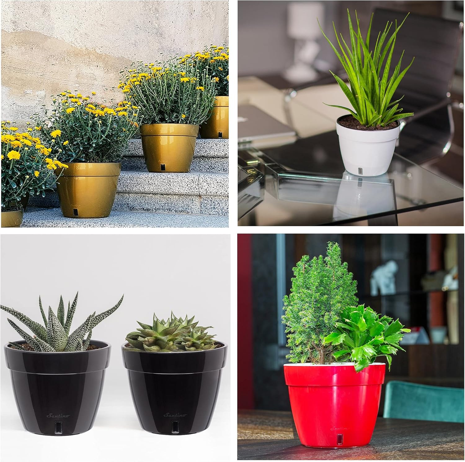 Santino ASTI 7.1 Inch Self Watering Planters Green/Black (Set of 3) for Indoor Plants - Premium Quality Modern Plastic Pot w/Water Level Indicator for All House Plants, African Violets and Dahlias