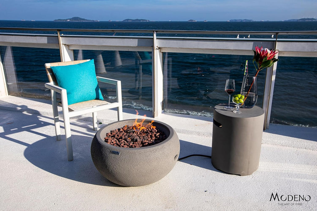 AMS Fireplace | Modeno Newbridge Package | Light Gray Natural Gas Fire Pit Table for Outside Patio Bundle with SS Burner Lid | Free Ice Bucket