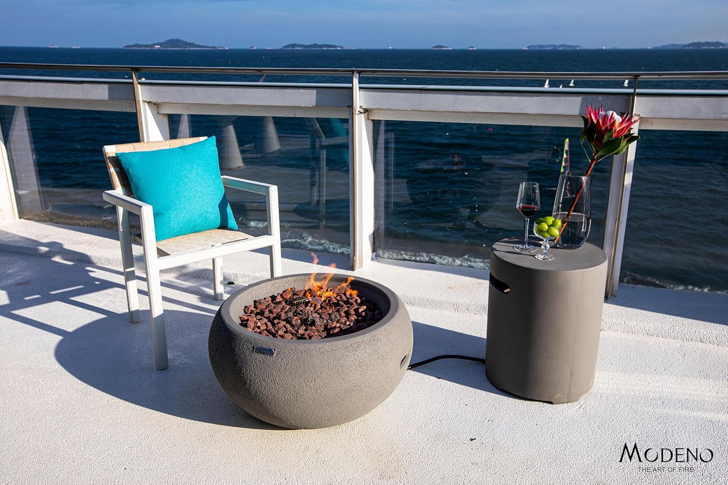 AMS Fireplace | Modeno Newbridge Package | Light Gray Liquid Propane Gas Fire Pit Table for Outside Patio Bundle with Tank Cover, & SS Burner Lid | Free Ice Bucket & Rubber Mat