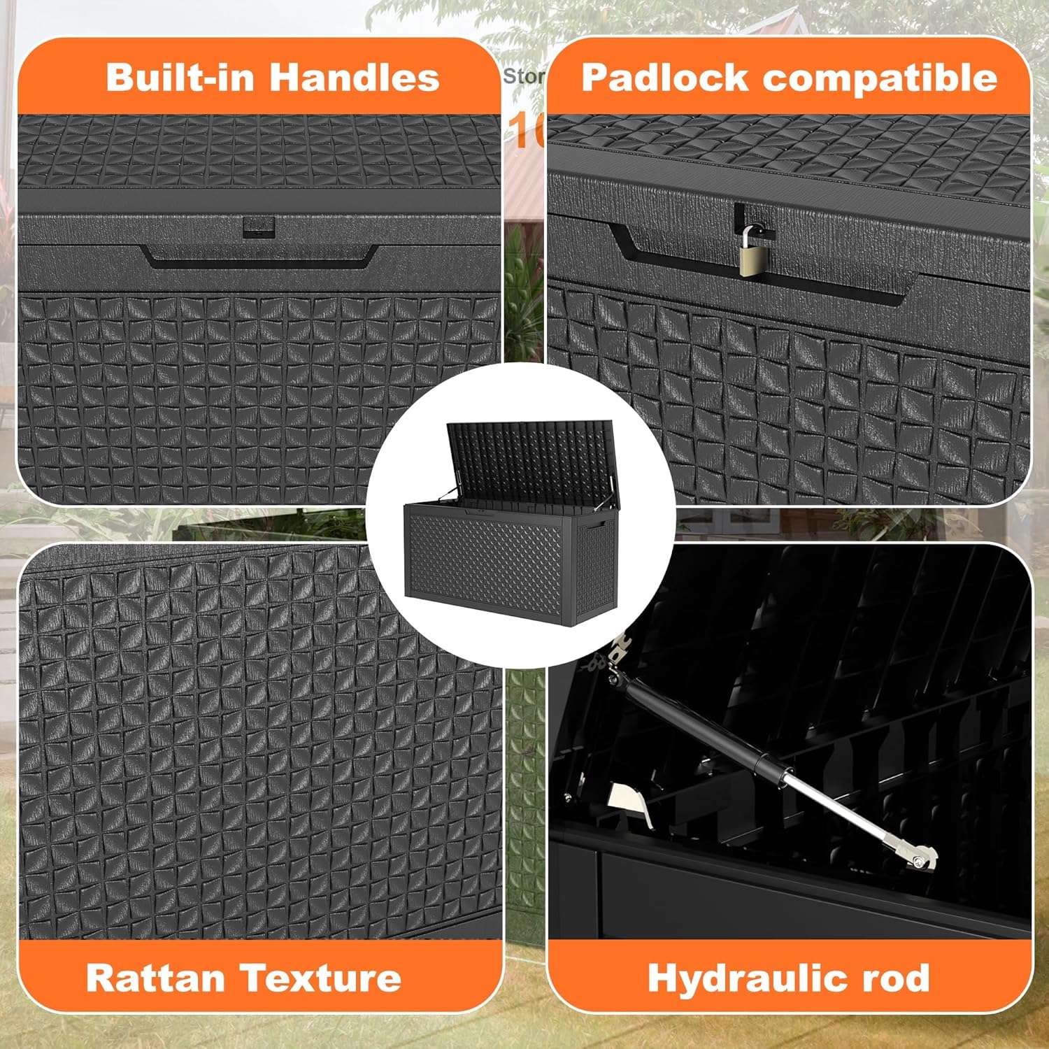 100 Gallon Waterproof Outdoor Storage Box,Resin Deck Box,Lockable Outside Storage Box Container for Patio Furniure,Garden,Pool Tools (100 Gallon,Black pattern)