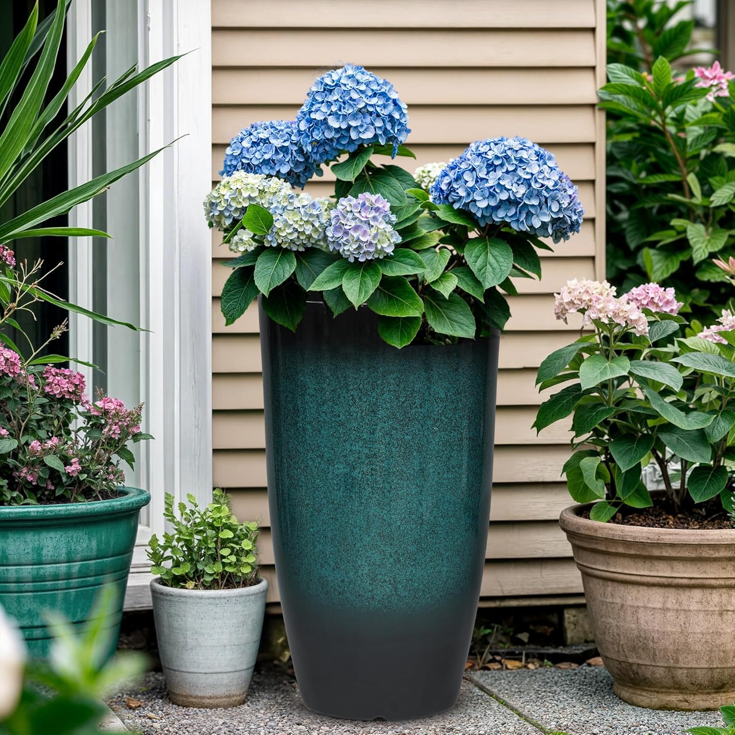 23.6" H Large Tall Outdoor Planters, Set of 2 Plastic Large Flower Pots for Outdoor Plants, with Gradient Turquoise Finish, Weather-Resistant for Porch, Garden, Patio or Indoor Use