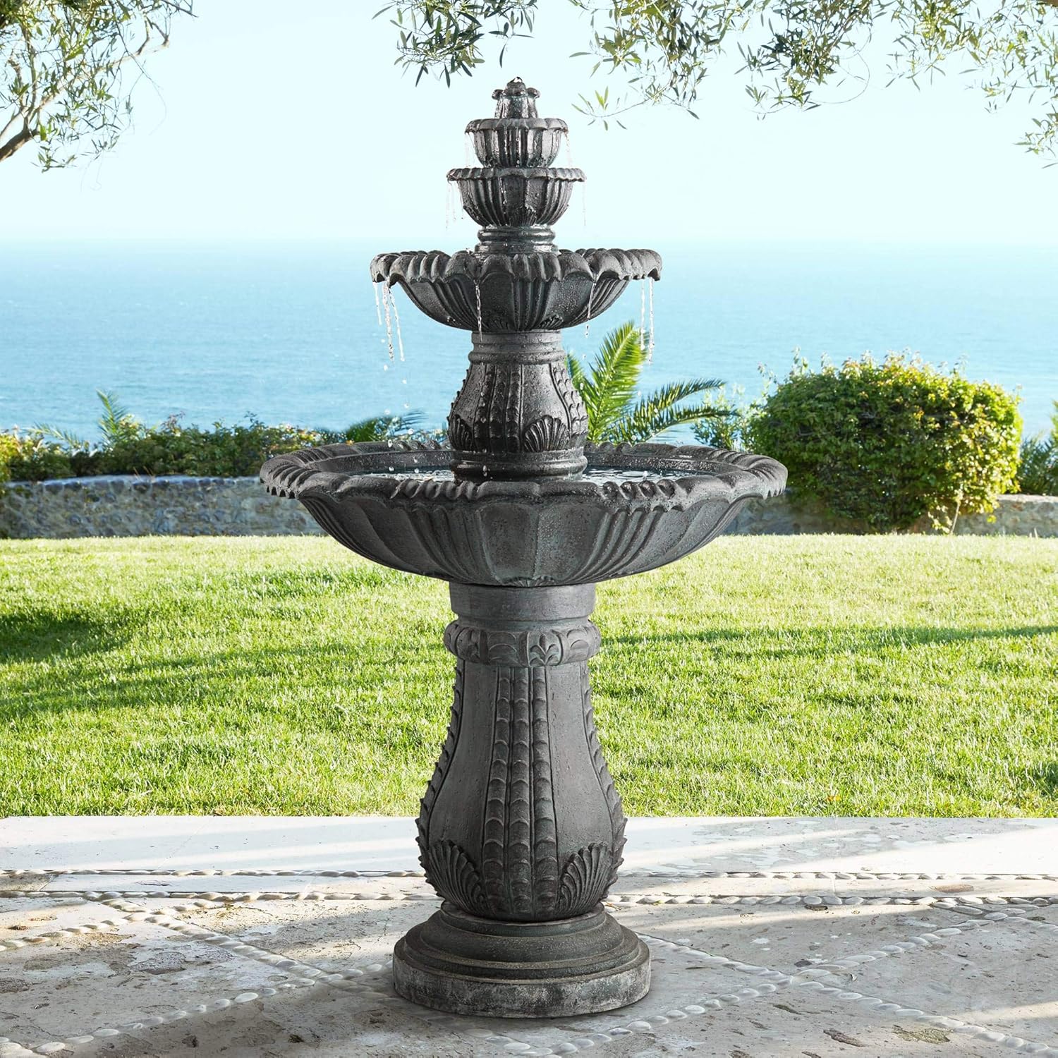Hampton 56 3/4" High Large Italian Outdoor Decor Slate Stone Floor Fountain with Light LED Waterfall 4-Tier Standing Basin Water Feature for Outside Garden Patio Yard Backyard Porch - John Timberland