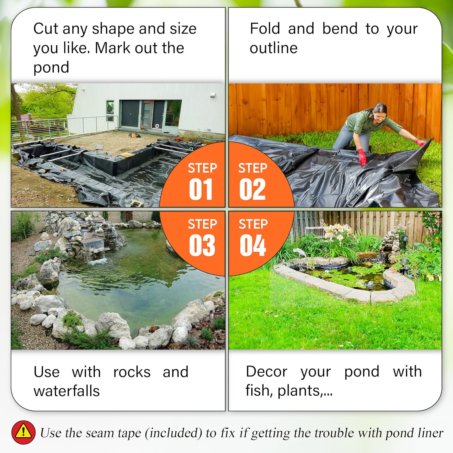 [Premium] 45 Mil LDPE Pond Liner with Seam Tape, 19.7 * 26.2FT Pond Lining for Fish Pond, Performed Garden Ponds, Large Pond Liner for Fishpond, Koi Pond, Waterfall, Streams