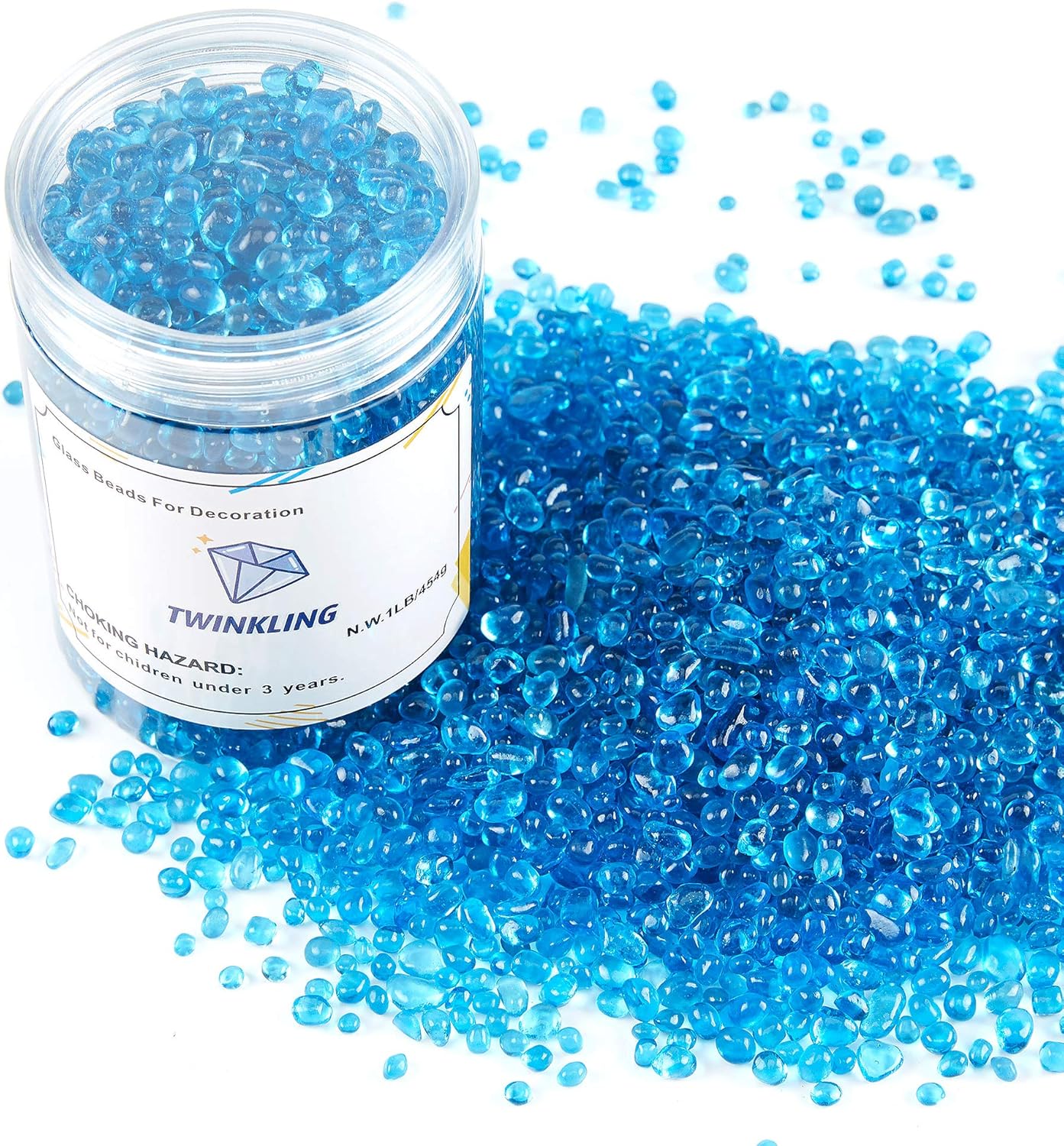 TWINKLING High Luster Round Fire Glass Stones,Glass Marbles Pebbles,Glass Beads Gems for Fire Pit Vase Fillers Crafts Aquarium Garden Decoration,3-6mm,1-Pound Jar (Ocean Blue)