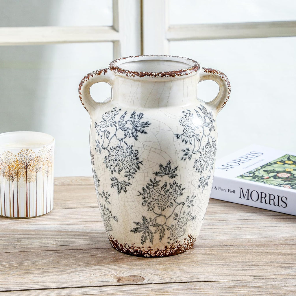 Enra Vintage vase with Handle,9.4 inch Blue and White Ceramic Decorative Flower vase, Chinoiserie Floral Vase,Large Rustic Vases for Home Decors, Living Room, Bookshelf, Office
