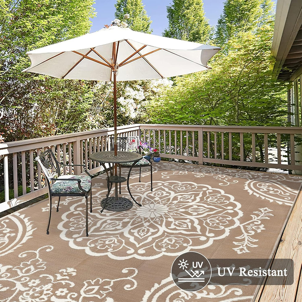 Pauwer Waterproof Outdoor Rug 8x10, Reversible Plastic Straw Patio Camping Rug, Indoor Outdoor RV Mat Carpet for Deck, Camper, Porch, Balcony, Backyard, Picnic, Boho Brown