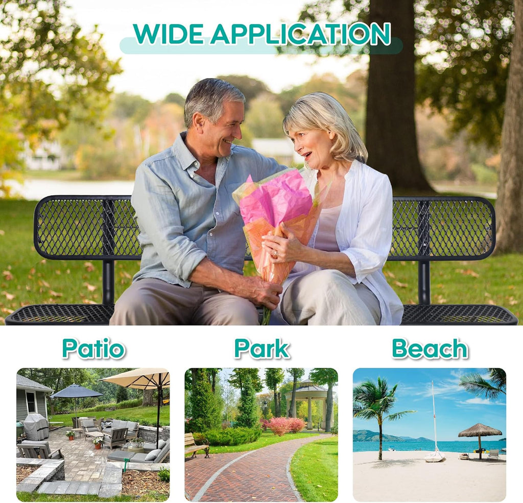 4 Feet Heavy Duty Metal Park Bench for Outside, Outdoor Bench with Backrest & Portable Frame, Commercial Benches for Shopping Malls, Stores, Parks, Patios, Decks, Black