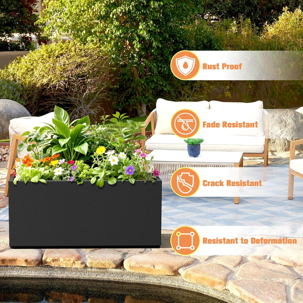 Rectangle Planter for Indoor & Outdoor, Tall and Long Planter Boxes with Drainage Holes, Mental Planter Box All-Weather Use for Plants, Flowers, 38" L x 15" W x 16.3" H, Black