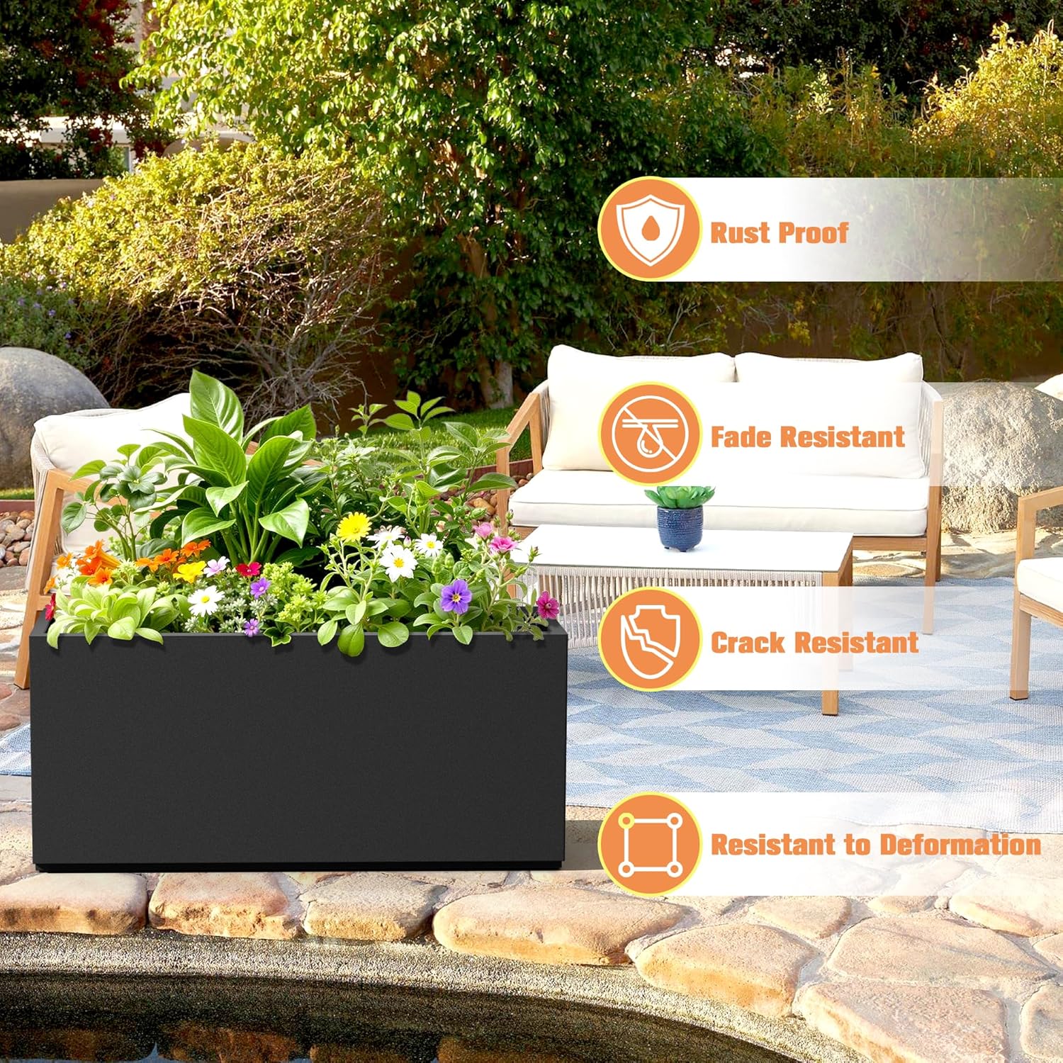 Rectangle Planter for Indoor & Outdoor, Tall and Long Planter Boxes with Drainage Holes, Mental Planter Box All-Weather Use for Plants, Flowers, 38" L x 15" W x 16.3" H, Black