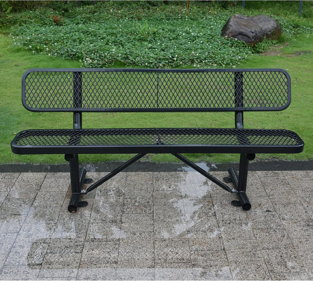 6FT Outdoor Metal Park Bench with Backrest, Outdoor Black Bench, Heavy-Duty Expanded Metal Picnic Bench Steel Mesh Portable Seating Patio Bench for Garden, Porch, Park,School,Road Sports