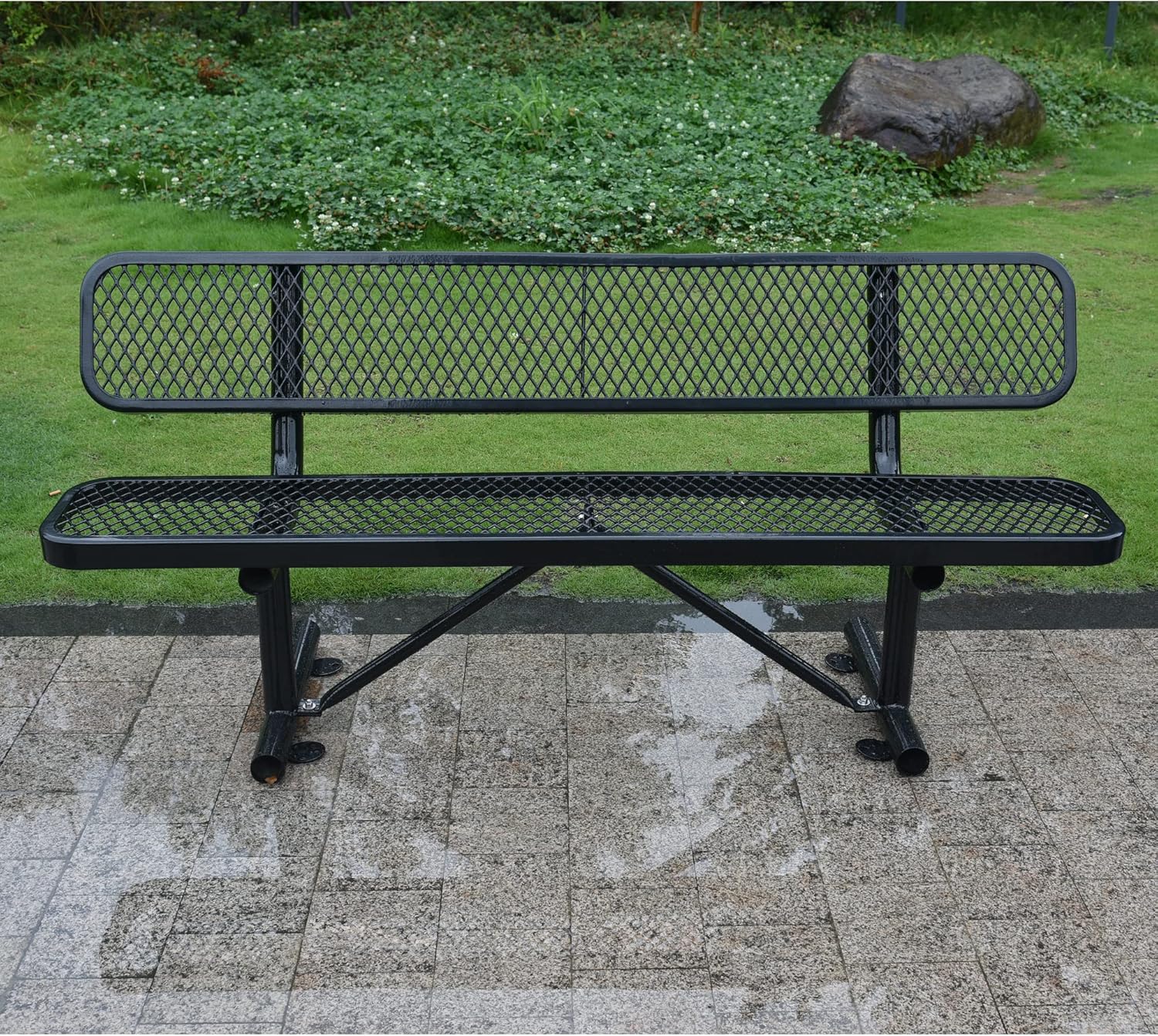 6FT Outdoor Metal Park Bench with Backrest, Outdoor Black Bench, Heavy-Duty Expanded Metal Picnic Bench Steel Mesh Portable Seating Patio Bench for Garden, Porch, Park,School,Road Sports