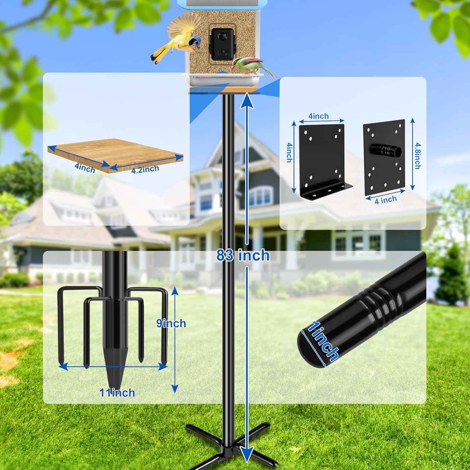 Ottsuls Bird Feeder Pole, 92 Inch Heavy Duty Bird House Pole Kit for Outdoors, with Wooden Board, 5-Prong Base Feeding Station for Wild Birds Watching, Adjustable Feeder Stand (House Not Included)
