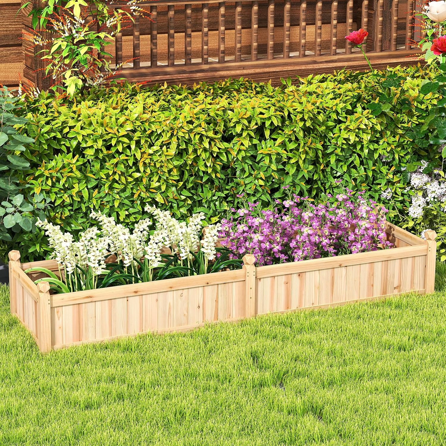 Giantex Wood Raised Garden Bed, Planting Bed with Corner Drainage, Non-Woven Liner for Growing Vegetables, Flowers, Herbs, Fruits, 89”x23.5”x16” Divisible Planter Box for Backyard, Garden, Lawn