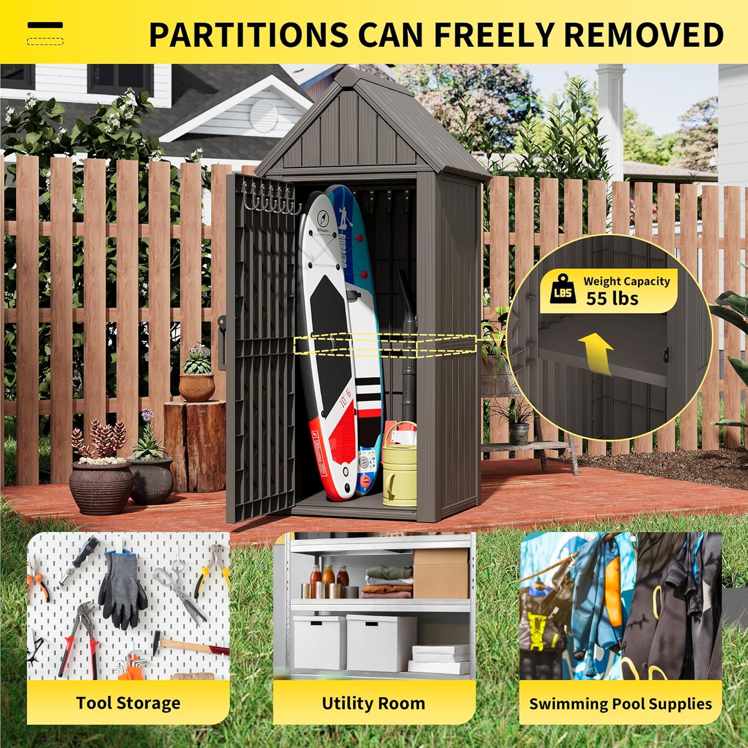 Outdoor Resin Storage Shed, Upgrade Durable Storage Cabinet with Removable Shelves and Lock Ring, Reinforced Floor, All-Weather Construction for Garden Patio Lawn (Gray)