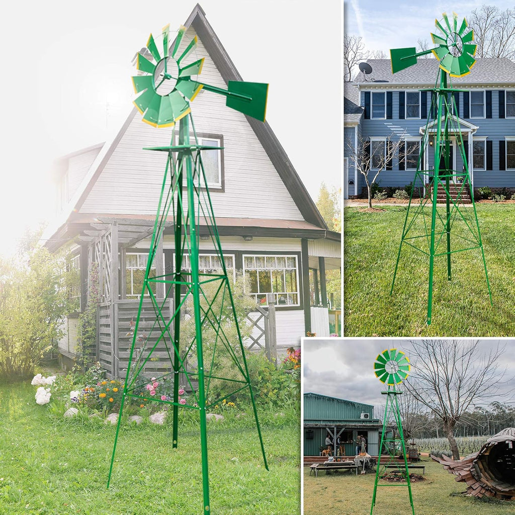 8ft Garden Windmill, Heavy Duty Durable Metal Weather Vane for Backyard, Ornamental Windmill for Yard Weather Resistant (Green, 8FT)