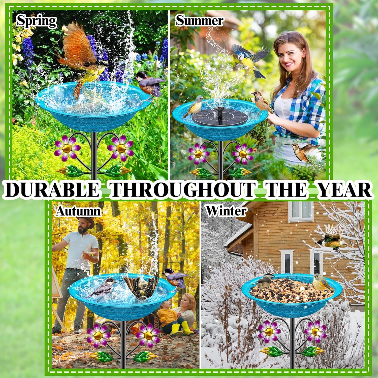 Metal Bird Bath for Outside Garden Birdbath Bowl, Freestanding Bird Feeders for Outdoors with 5 Prongs Base Stake, Standing Birdfeeders Bath Bowl for Yard Decor (Retro Blue)