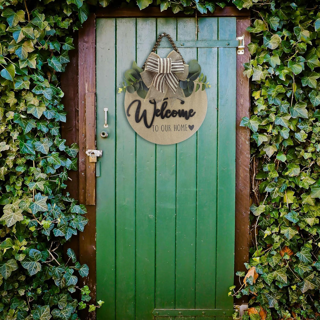 3D Welcome Sign for Front Door | Home/Farmhouse Porch Décor Wooden Hanging Sign with Artificial Leaves and Rustic Beads | Christmas Classroom |12" Round