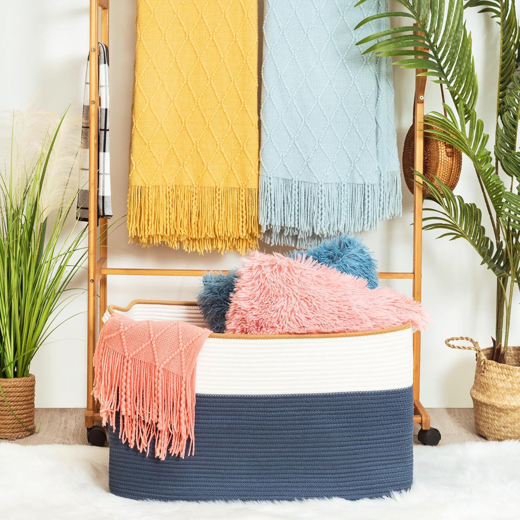 MINTWOOD Design 22in Extra Large Blanket Basket Holder Living Room, Rectangle Rope Woven Storage Basket with Handles for Laundry, Pool Towels, and Shoes, Dog Toy Organizer Bin Box, Prussian Blue