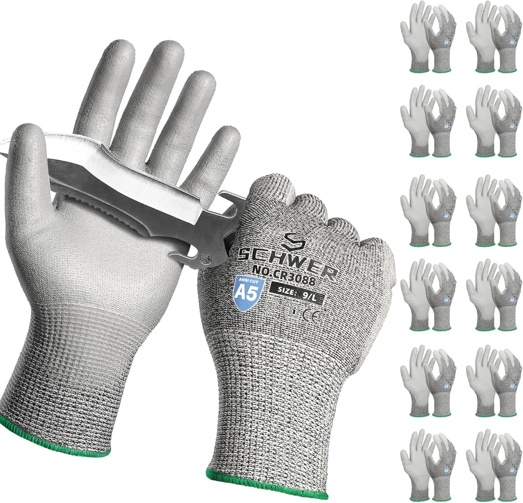 Schwer 12 Pairs ANSI A5 Cut Resistant Work Gloves, Cut Proof Gloves with PU Coating, Used for Metal Fabrication, WoodWorking, Construction, Non Slip, Durable, L, CR3088