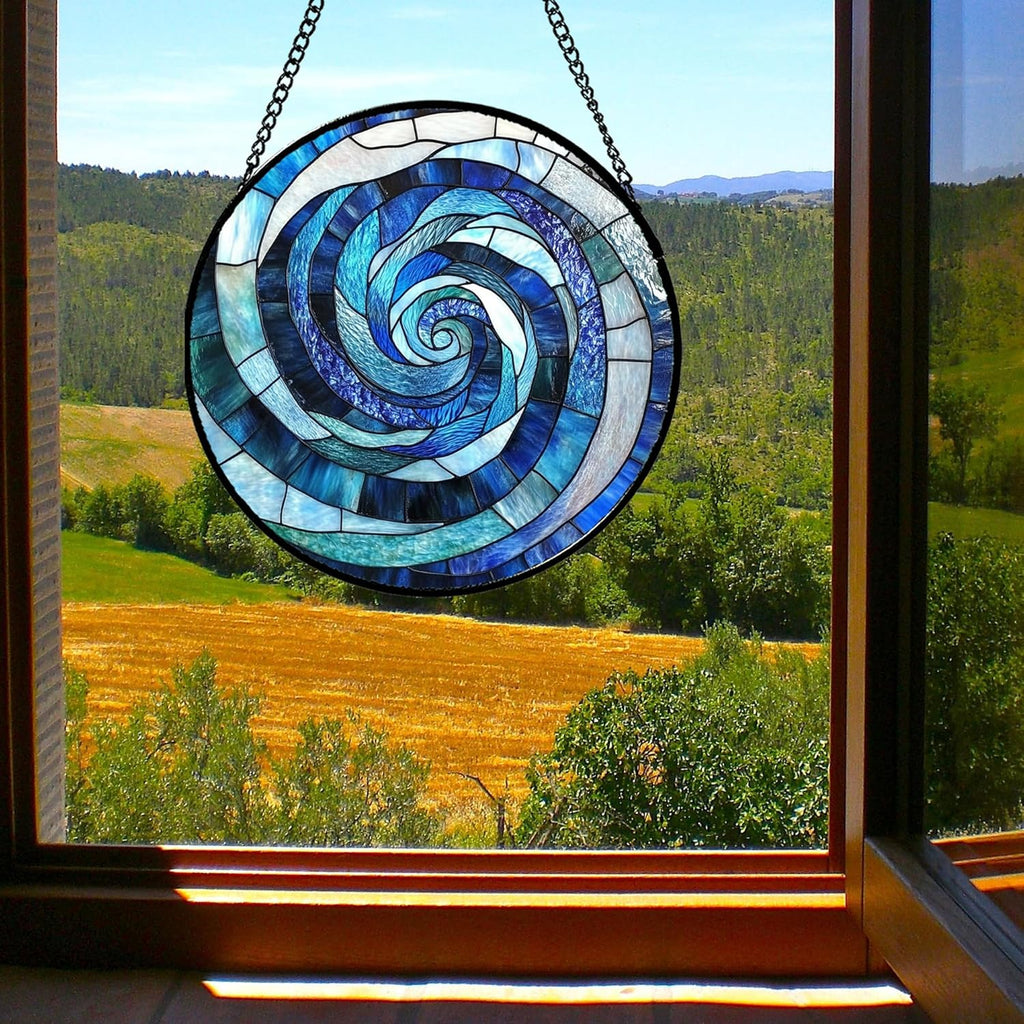 Stained Glass Window Hanging - Blue Abstract Swirl Suncatcher for Doors Garden Patio Unique Sun Catchers Decor Christmas Mother's Day Birthday Gifts for Women Men Mom Nana Friend 6.3 in